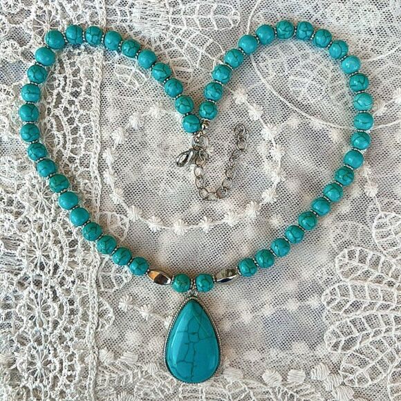 Turquoise Beaded Necklace with Silver Accents 18.5" - 21" - Picture 2 of 7